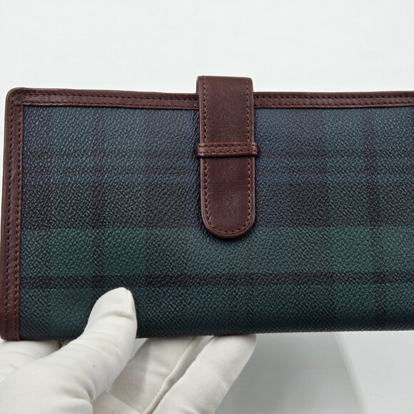 👛💚Polo Ralph Lauren Long Bifold Wallet Blackwatch Tartan Canvas Brown Leather - Picture 10 of 16